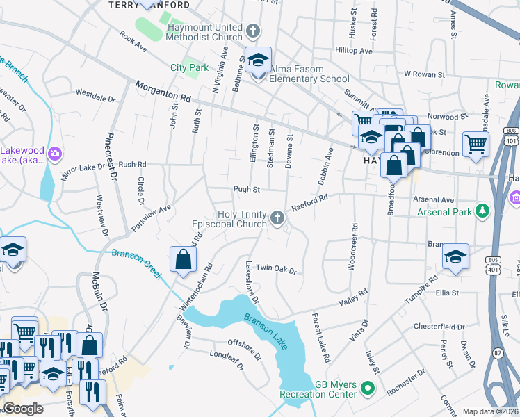 map of restaurants, bars, coffee shops, grocery stores, and more near 1707 Pugh Street in Fayetteville