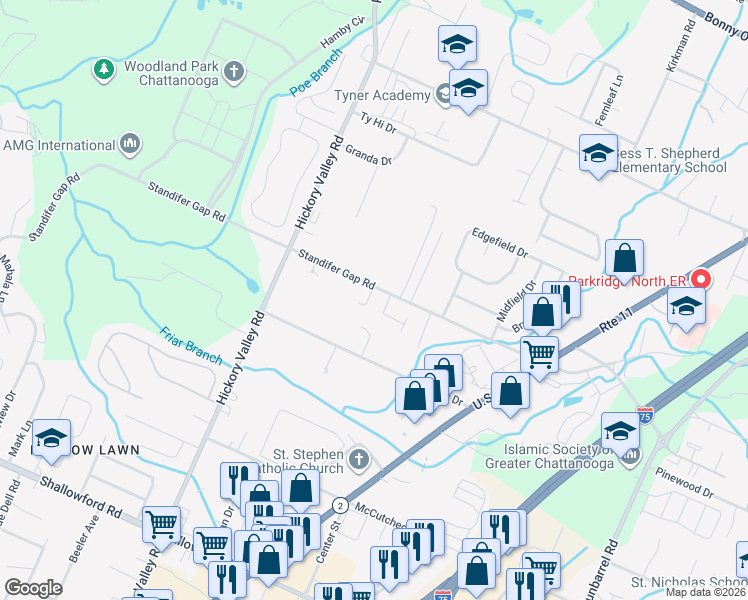 map of restaurants, bars, coffee shops, grocery stores, and more near 6853 Standifer Gap Road in Chattanooga
