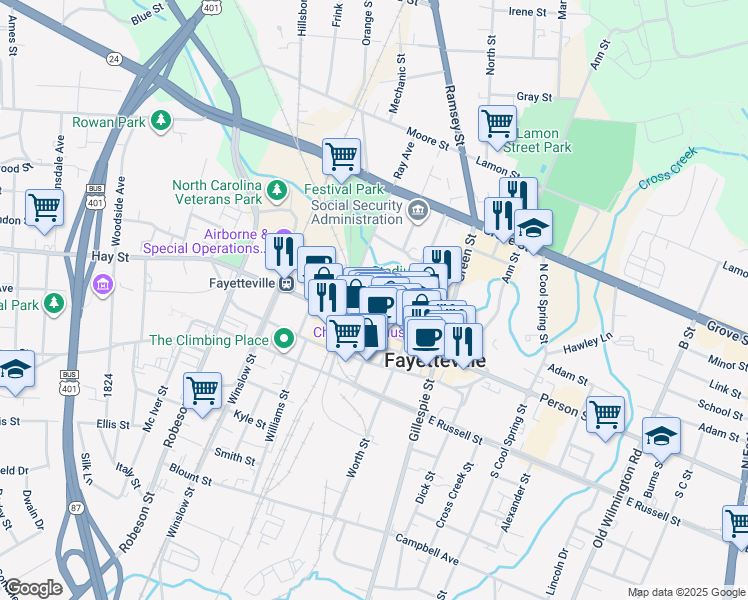 map of restaurants, bars, coffee shops, grocery stores, and more near 320 Hay Street in Fayetteville
