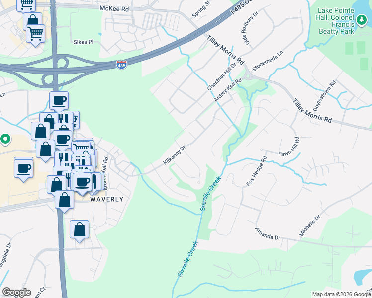map of restaurants, bars, coffee shops, grocery stores, and more near 11509 Deetzy Avenue in Matthews