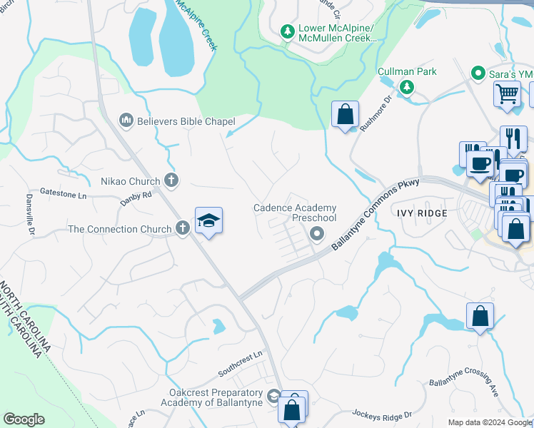map of restaurants, bars, coffee shops, grocery stores, and more near 11207 Grahamwood Place in Charlotte