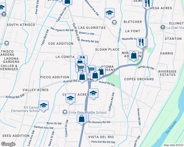map of restaurants, bars, coffee shops, grocery stores, and more near 1442 Sunset Road Southwest in Albuquerque