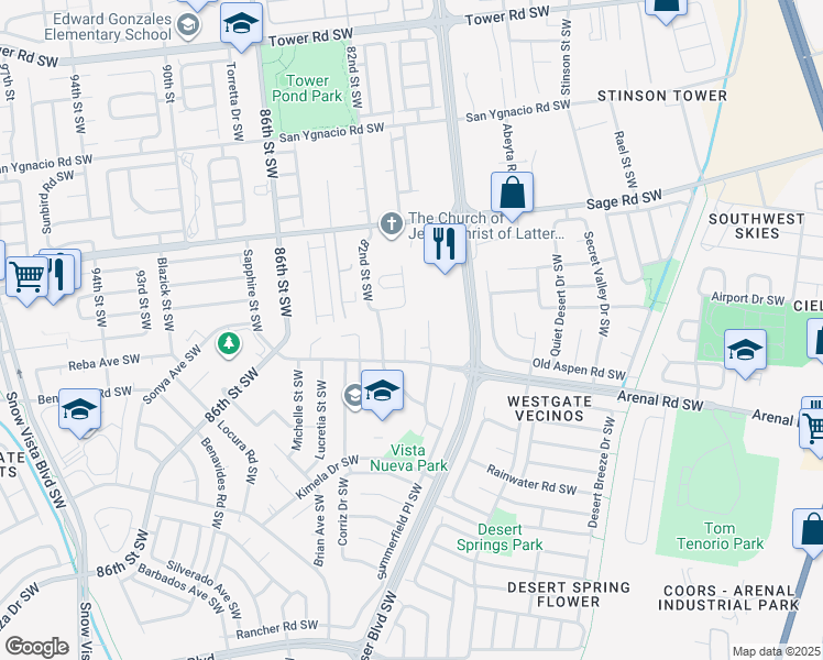map of restaurants, bars, coffee shops, grocery stores, and more near 8216 82nd Street Southwest in Albuquerque