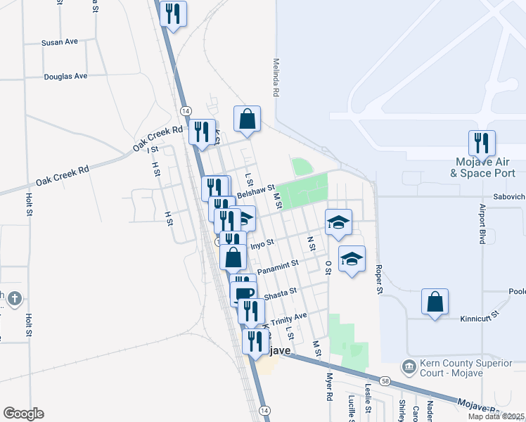 map of restaurants, bars, coffee shops, grocery stores, and more near 16052 L Street in Mojave