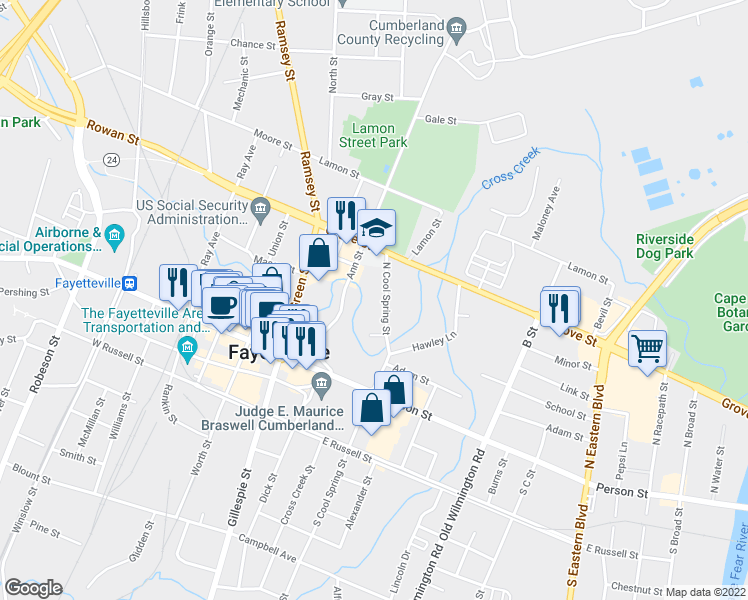 map of restaurants, bars, coffee shops, grocery stores, and more near 341 North Cool Spring Street in Fayetteville