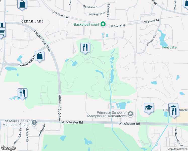 map of restaurants, bars, coffee shops, grocery stores, and more near 3473 Windgarden Cove in Memphis