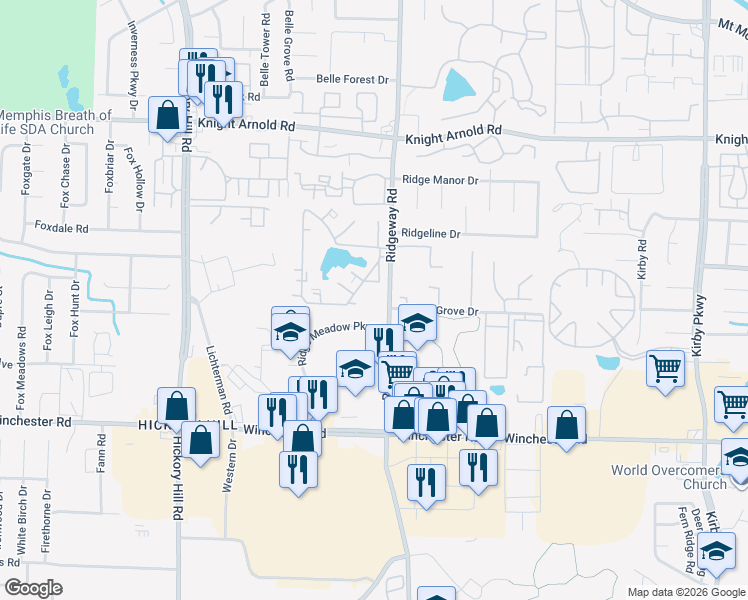 map of restaurants, bars, coffee shops, grocery stores, and more near 3451 Ridgeway Road in Memphis