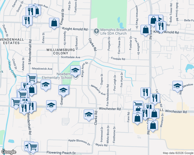 map of restaurants, bars, coffee shops, grocery stores, and more near 3423 Gaywinds Cove in Memphis