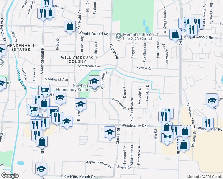 map of restaurants, bars, coffee shops, grocery stores, and more near 3423 Gaywinds Cove in Memphis