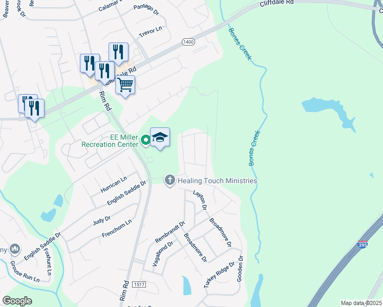 map of restaurants, bars, coffee shops, grocery stores, and more near 1315 Water Leaf Drive in Fayetteville