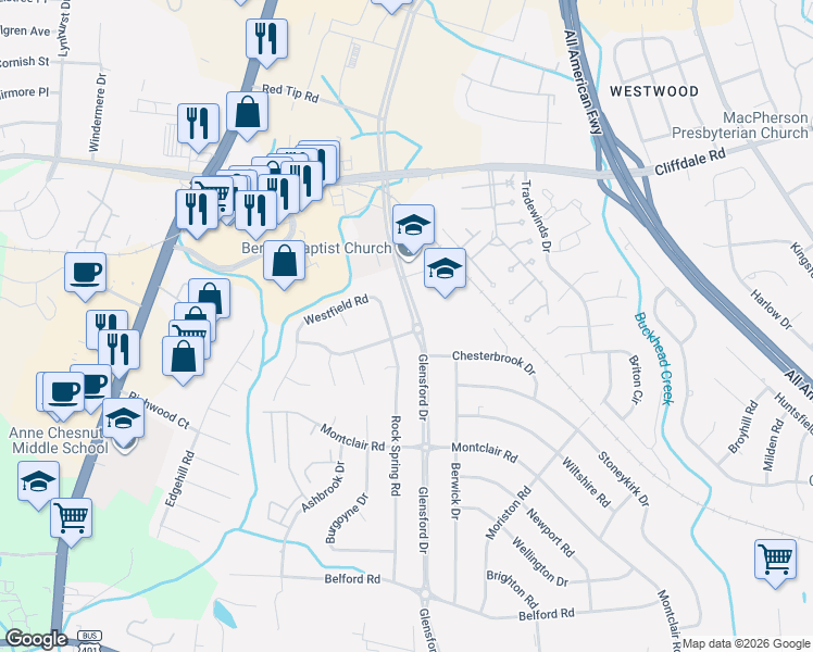 map of restaurants, bars, coffee shops, grocery stores, and more near 4412 Westfield Road in Fayetteville