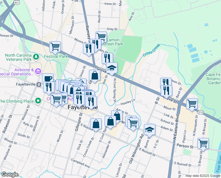 map of restaurants, bars, coffee shops, grocery stores, and more near 325 North Cool Spring Street in Fayetteville