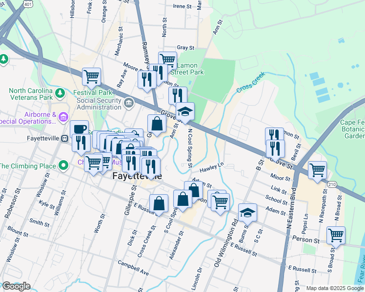 map of restaurants, bars, coffee shops, grocery stores, and more near 325 North Cool Spring Street in Fayetteville