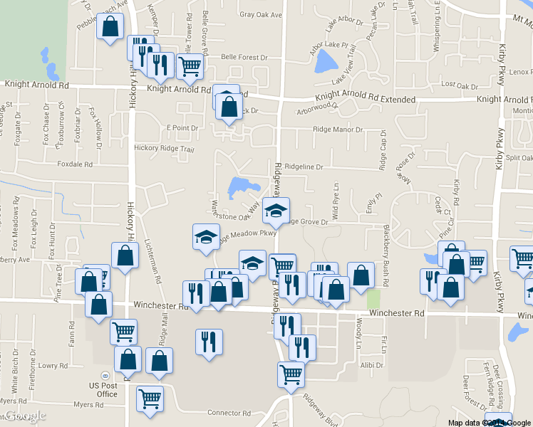 map of restaurants, bars, coffee shops, grocery stores, and more near 3451 Ridgeway Road in Memphis