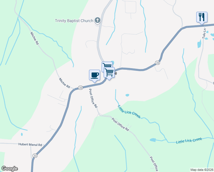 map of restaurants, bars, coffee shops, grocery stores, and more near 5922 Tennessee 22 in Michie