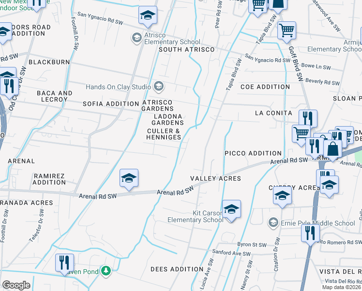 map of restaurants, bars, coffee shops, grocery stores, and more near 1508 Bartolo Place Southwest in Albuquerque