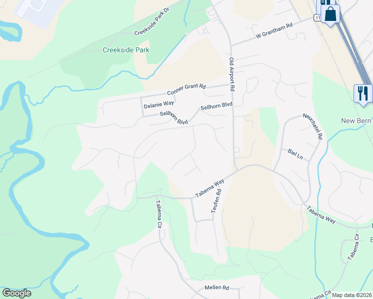 map of restaurants, bars, coffee shops, grocery stores, and more near 104 Reinach Lane in New Bern