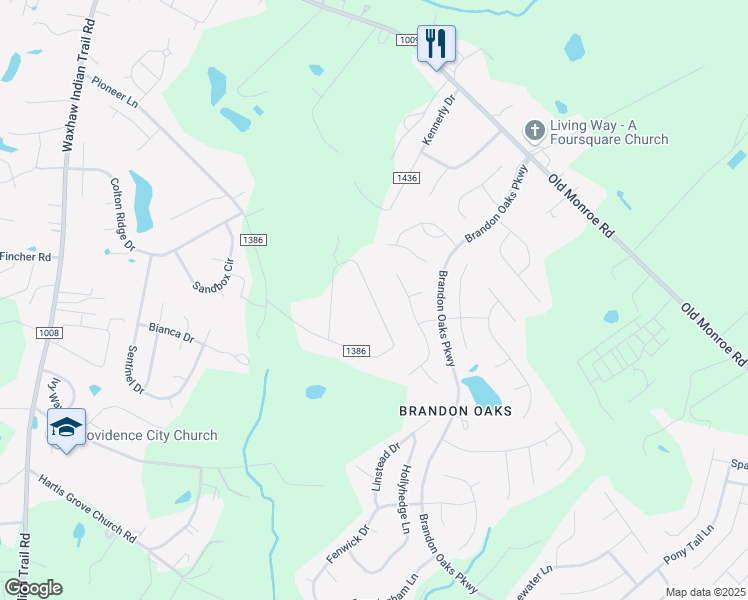map of restaurants, bars, coffee shops, grocery stores, and more near Frontier Circle in Indian Trail