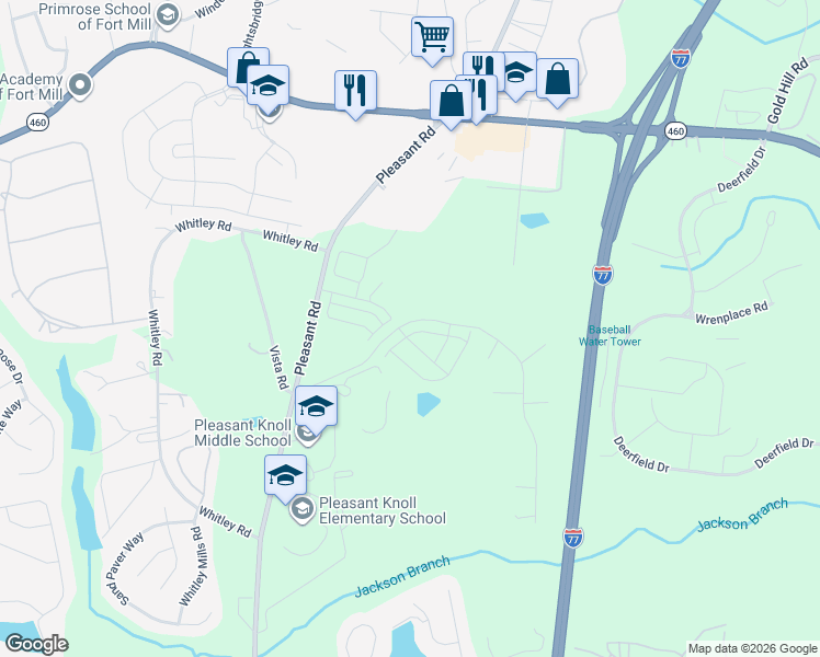map of restaurants, bars, coffee shops, grocery stores, and more near 2130 Vista Road in Fort Mill