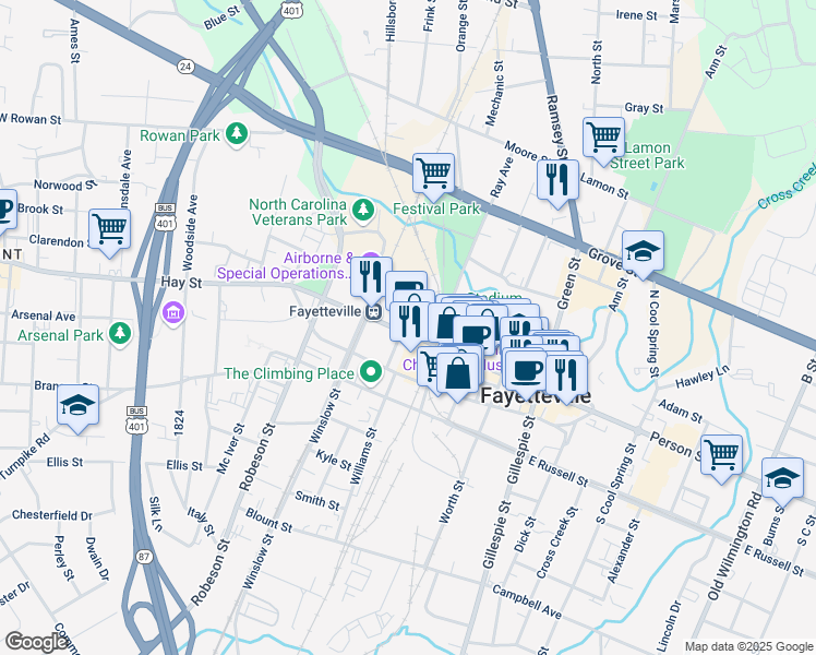 map of restaurants, bars, coffee shops, grocery stores, and more near 460 Hay Street in Fayetteville
