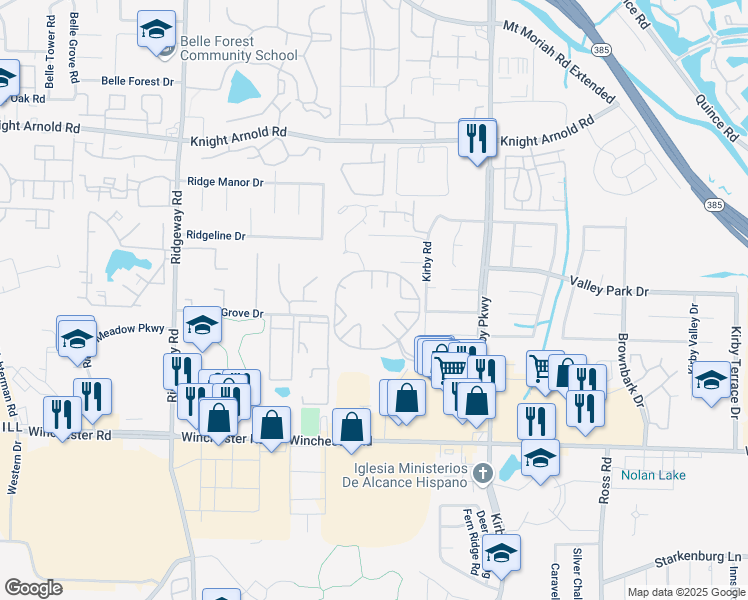 map of restaurants, bars, coffee shops, grocery stores, and more near 3535 Kirby Parkway in Memphis