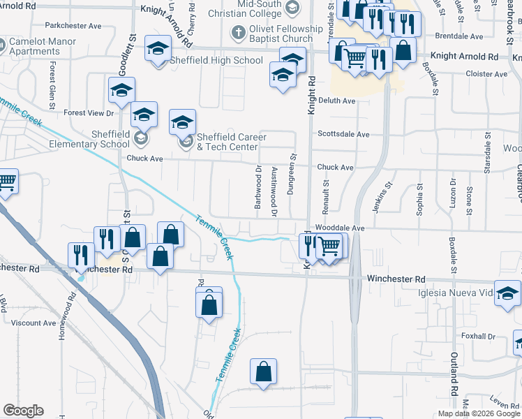 map of restaurants, bars, coffee shops, grocery stores, and more near 3435 Austinwood Drive in Memphis