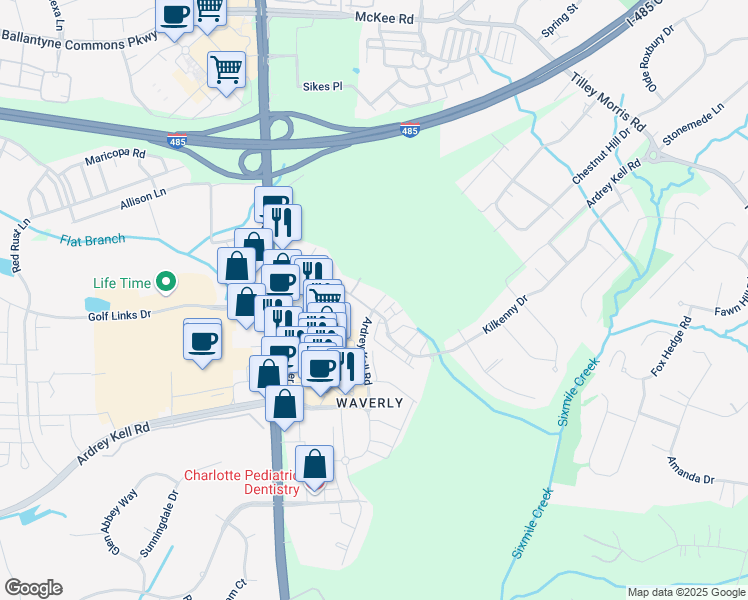 map of restaurants, bars, coffee shops, grocery stores, and more near 6525 Providence Farm Lane in Charlotte