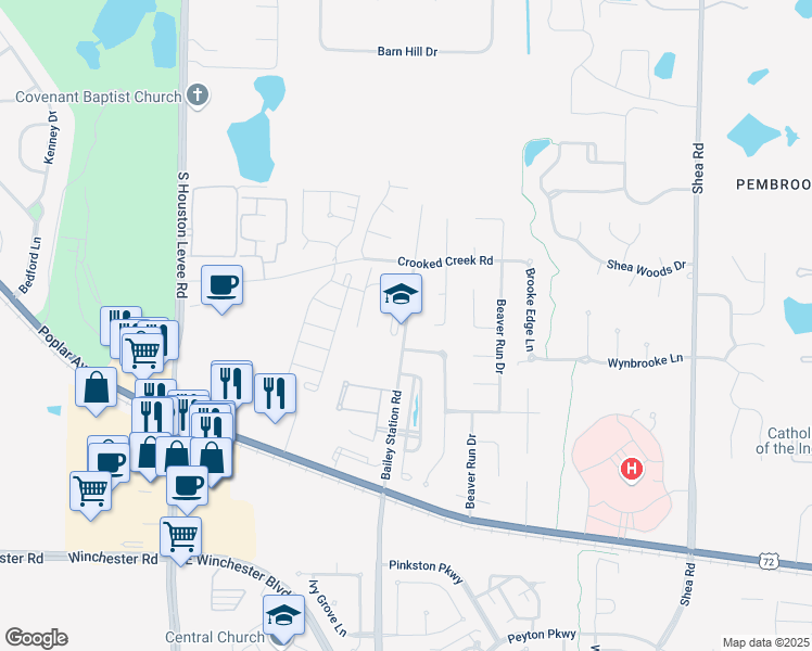 map of restaurants, bars, coffee shops, grocery stores, and more near 3435 Bailey Station Road in Collierville