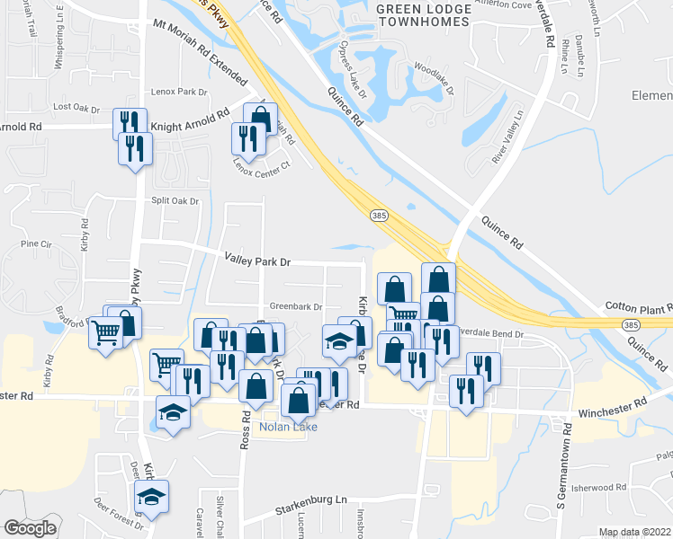 map of restaurants, bars, coffee shops, grocery stores, and more near 6861 Valley Park Drive in Memphis