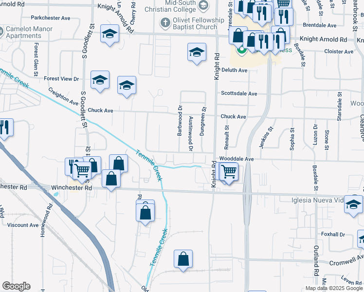 map of restaurants, bars, coffee shops, grocery stores, and more near 3446 Barbwood Drive in Memphis