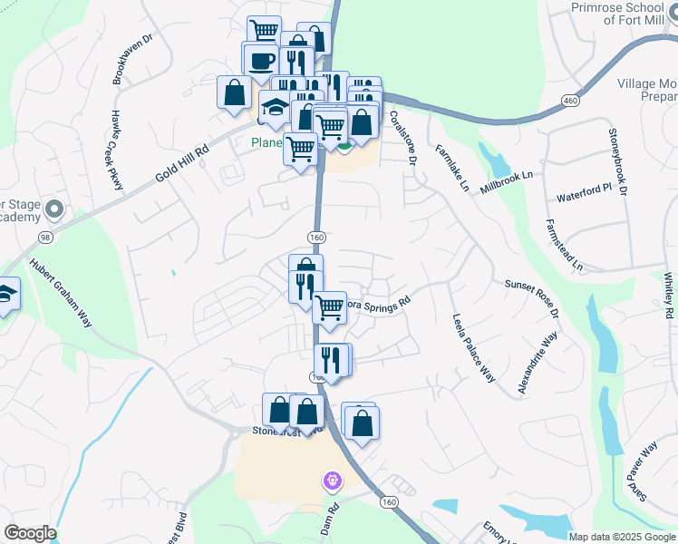 map of restaurants, bars, coffee shops, grocery stores, and more near 849 Gentlewinds Court in Fort Mill