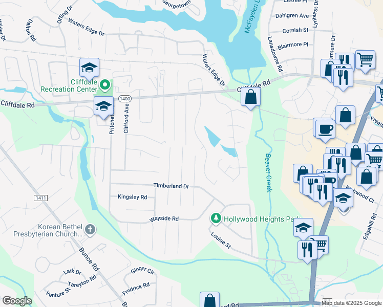map of restaurants, bars, coffee shops, grocery stores, and more near 6319 Lynette Circle in Fayetteville