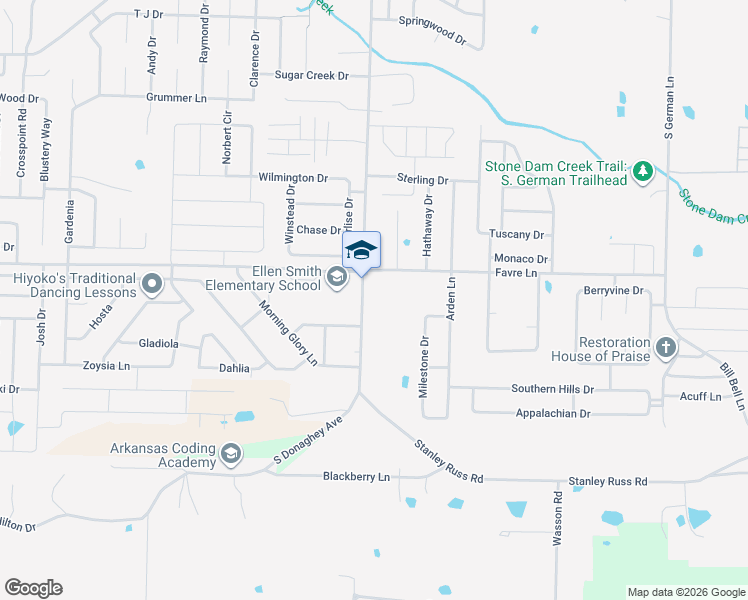 map of restaurants, bars, coffee shops, grocery stores, and more near 1600 South Donaghey Avenue in Conway