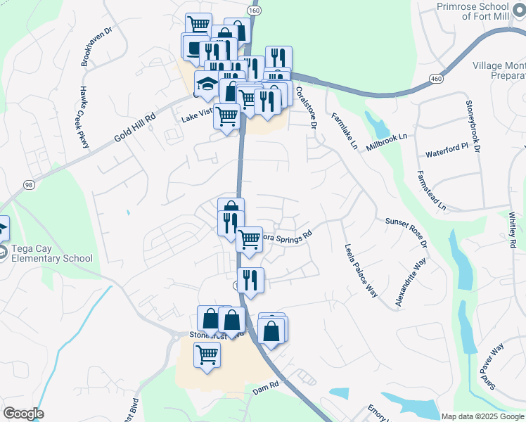 map of restaurants, bars, coffee shops, grocery stores, and more near 837 Gentlewinds Court in Fort Mill