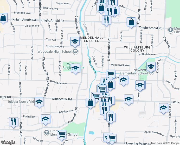 map of restaurants, bars, coffee shops, grocery stores, and more near 3426 Rosecreek Cove in Memphis