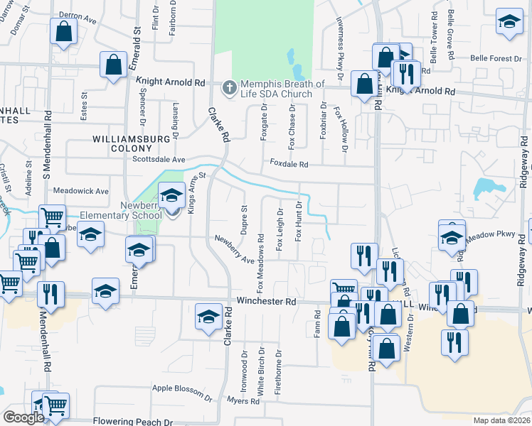 map of restaurants, bars, coffee shops, grocery stores, and more near 5725 Fox Bend Avenue in Memphis