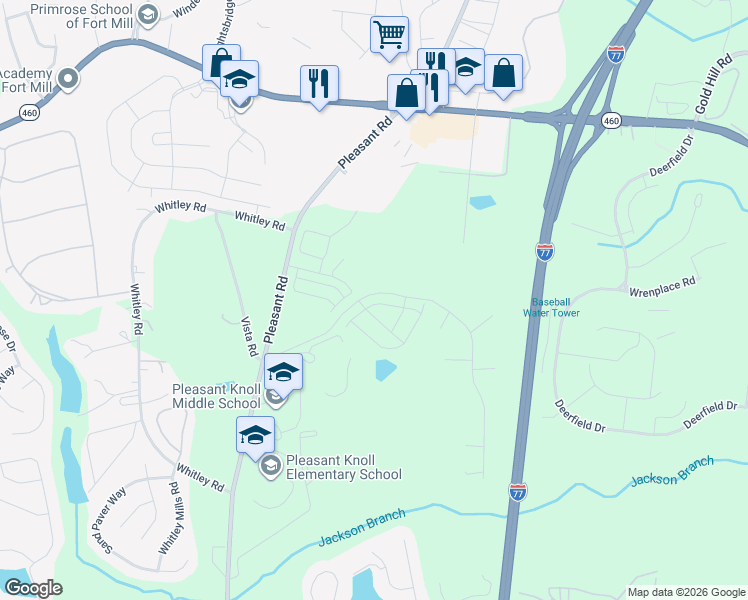 map of restaurants, bars, coffee shops, grocery stores, and more near 2130 Vista Road in Fort Mill