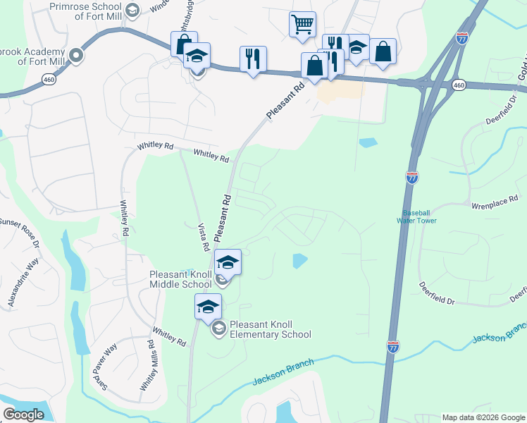 map of restaurants, bars, coffee shops, grocery stores, and more near 1801-1933 Vista Rd in Fort Mill