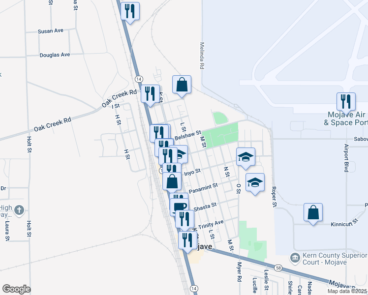 map of restaurants, bars, coffee shops, grocery stores, and more near 16052 L Street in Mojave