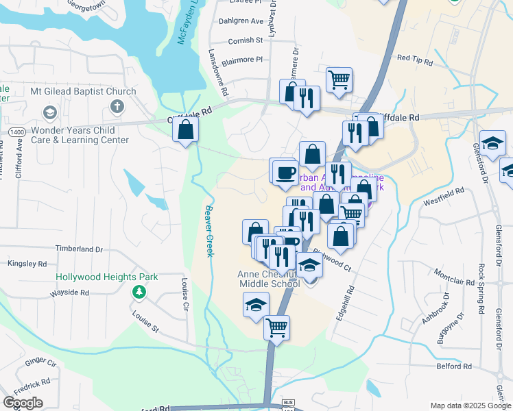 map of restaurants, bars, coffee shops, grocery stores, and more near 701 Scotia Lane in Fayetteville