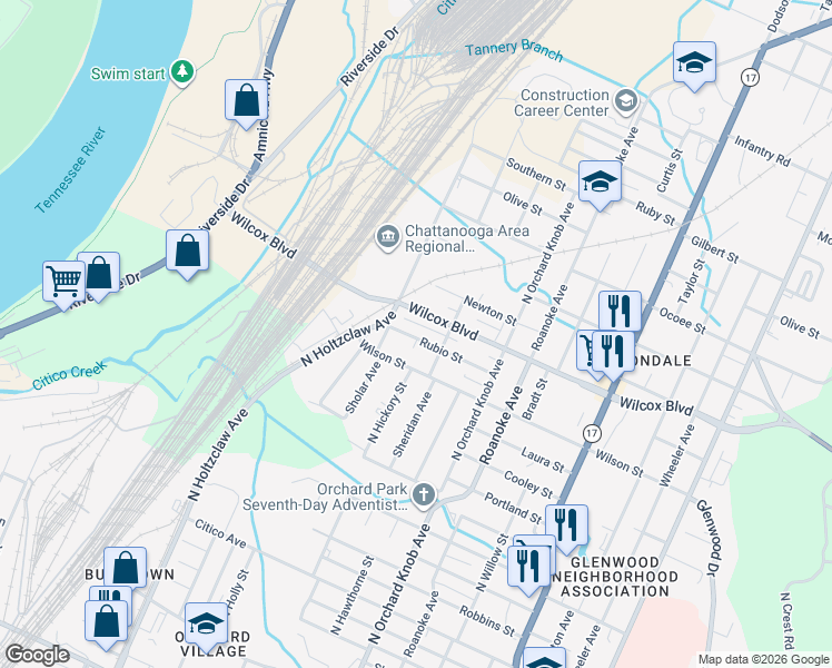 map of restaurants, bars, coffee shops, grocery stores, and more near 1703 Rubio Street in Chattanooga