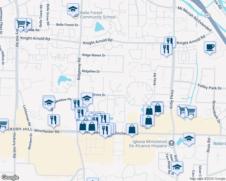 map of restaurants, bars, coffee shops, grocery stores, and more near 6332 Village Grove Drive in Memphis