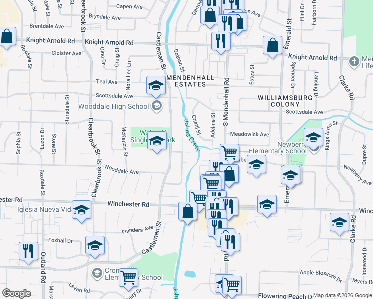 map of restaurants, bars, coffee shops, grocery stores, and more near 3426 Rosecreek Cove in Memphis
