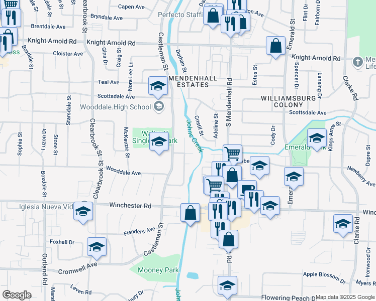 map of restaurants, bars, coffee shops, grocery stores, and more near 3426 Rosecreek Cove in Memphis