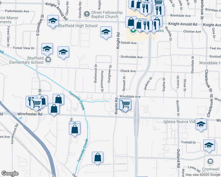 map of restaurants, bars, coffee shops, grocery stores, and more near 3432 Dungreen Street in Memphis