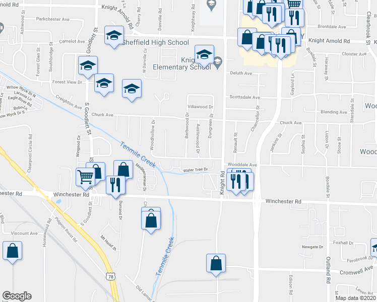 map of restaurants, bars, coffee shops, grocery stores, and more near 3435 Austinwood Drive in Memphis