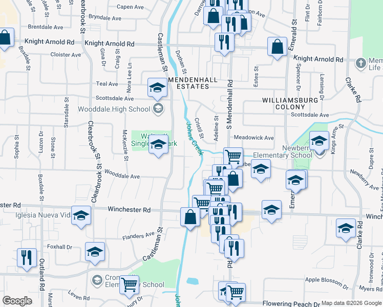 map of restaurants, bars, coffee shops, grocery stores, and more near 3426 Rosecreek Cove in Memphis