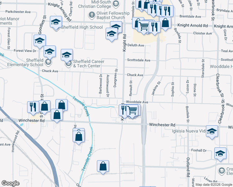 map of restaurants, bars, coffee shops, grocery stores, and more near 3432 Dungreen Street in Memphis
