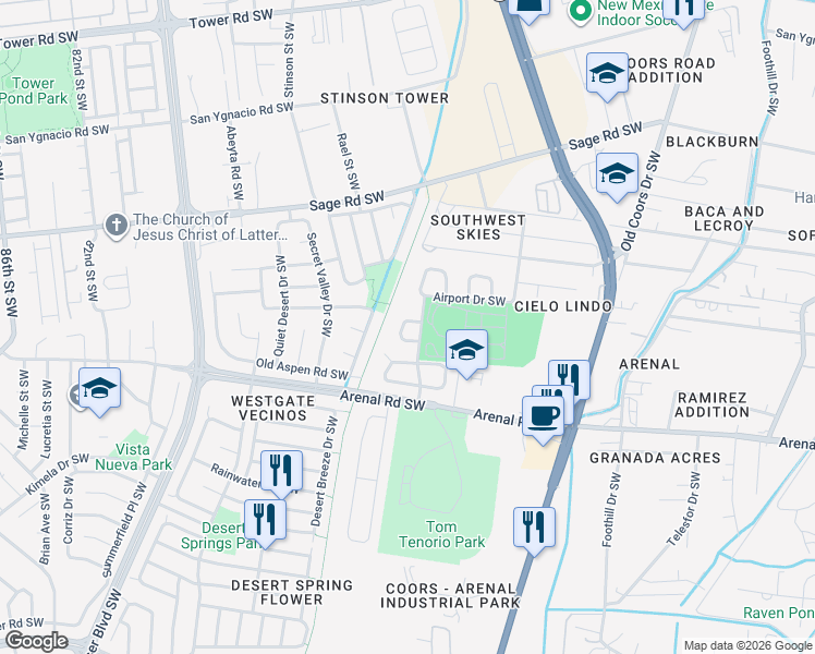 map of restaurants, bars, coffee shops, grocery stores, and more near 7101 Dona Delia Avenue Southwest in Albuquerque