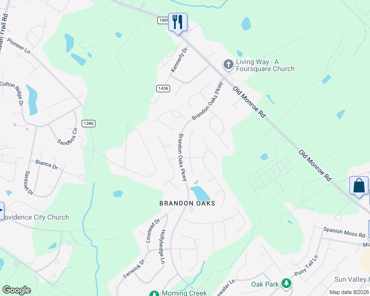 map of restaurants, bars, coffee shops, grocery stores, and more near 3030 Spring Fancy Lane in Indian Trail